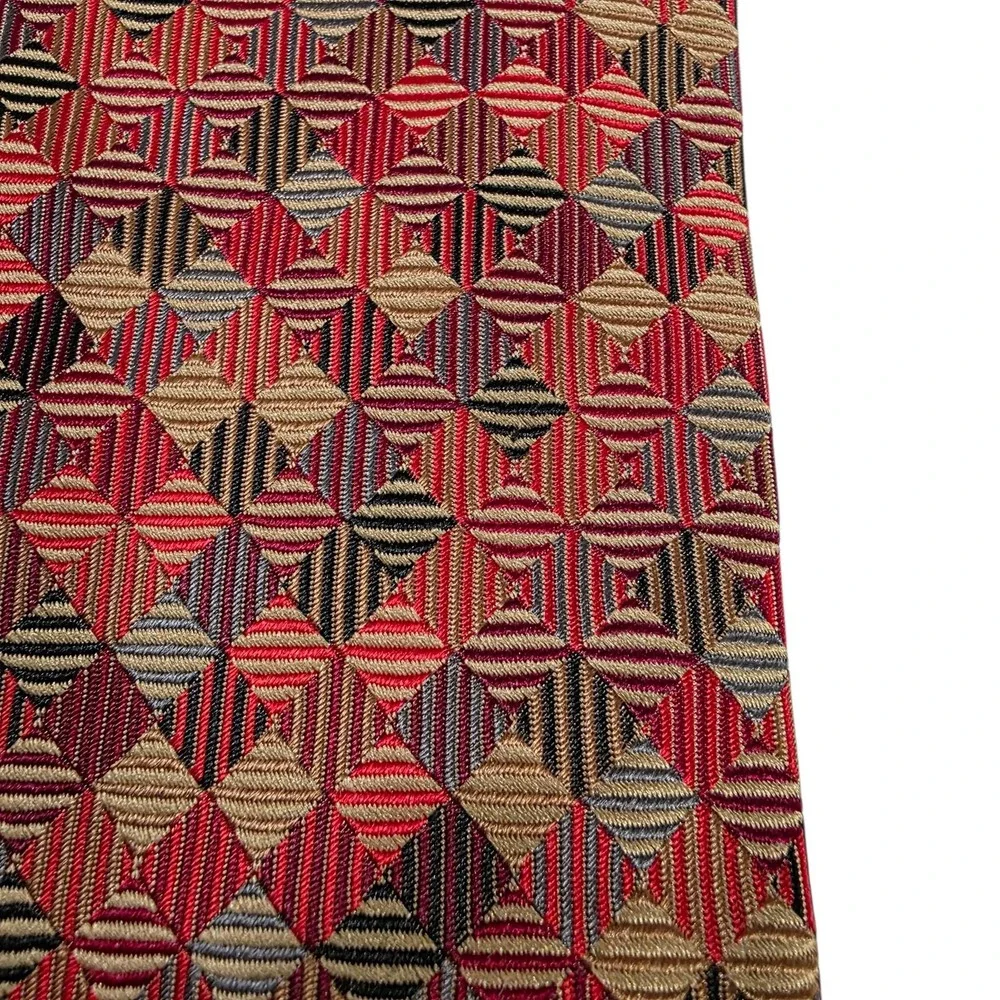 Alexander Julian American Modern‎ Geometric Silk Tie Red Gold Tan Burgundy Woven